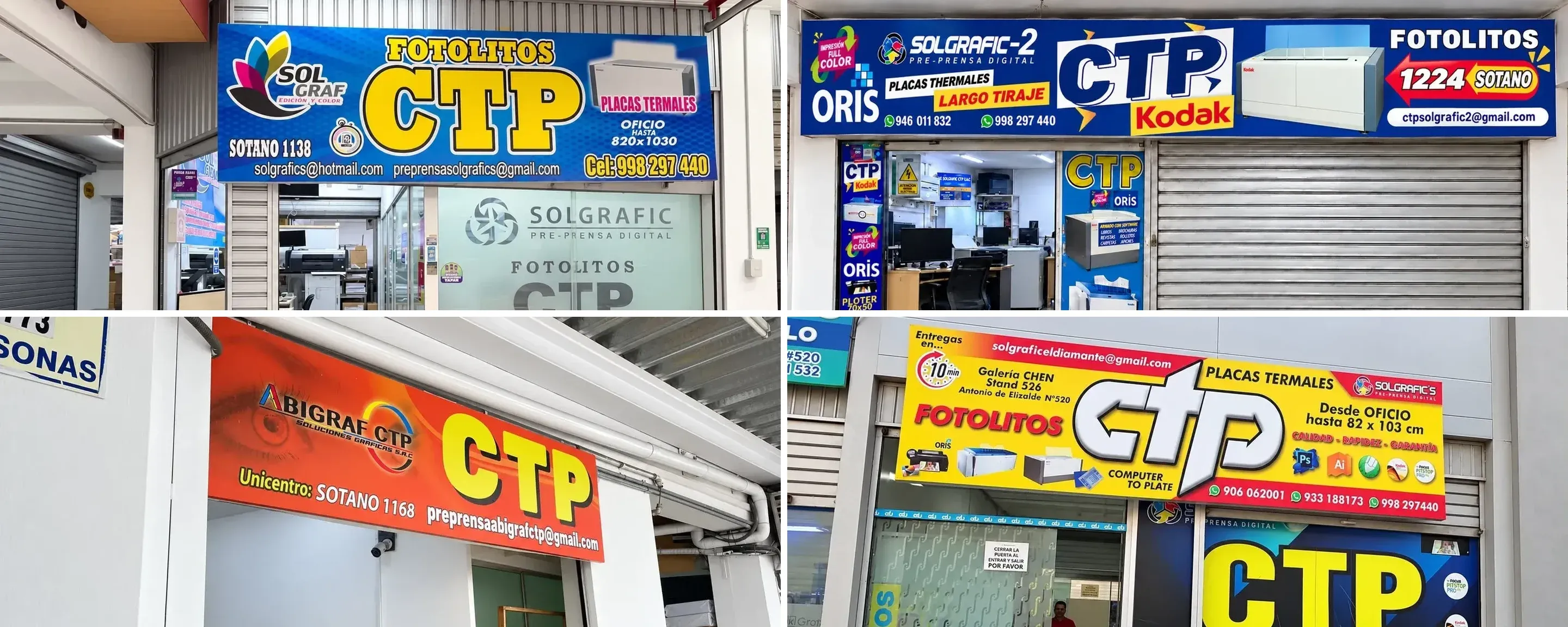 Fachadas de los cuatro locales: Edición y Color 1138, stand 1224 y Abigraf 1168 en Unicentro, y Solgrafic en Galería Chen